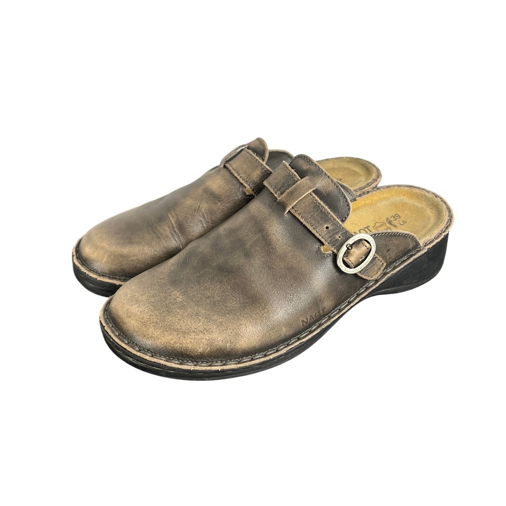 Naot Aster Women 39 Brown Leather Clogs Mules Adjustable Strap Made in Israel